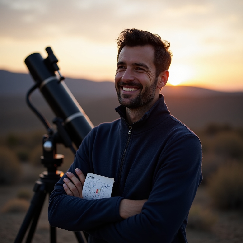 Coordinador de la plataforma Panide Zagefe frente a telescopio en campo abierto