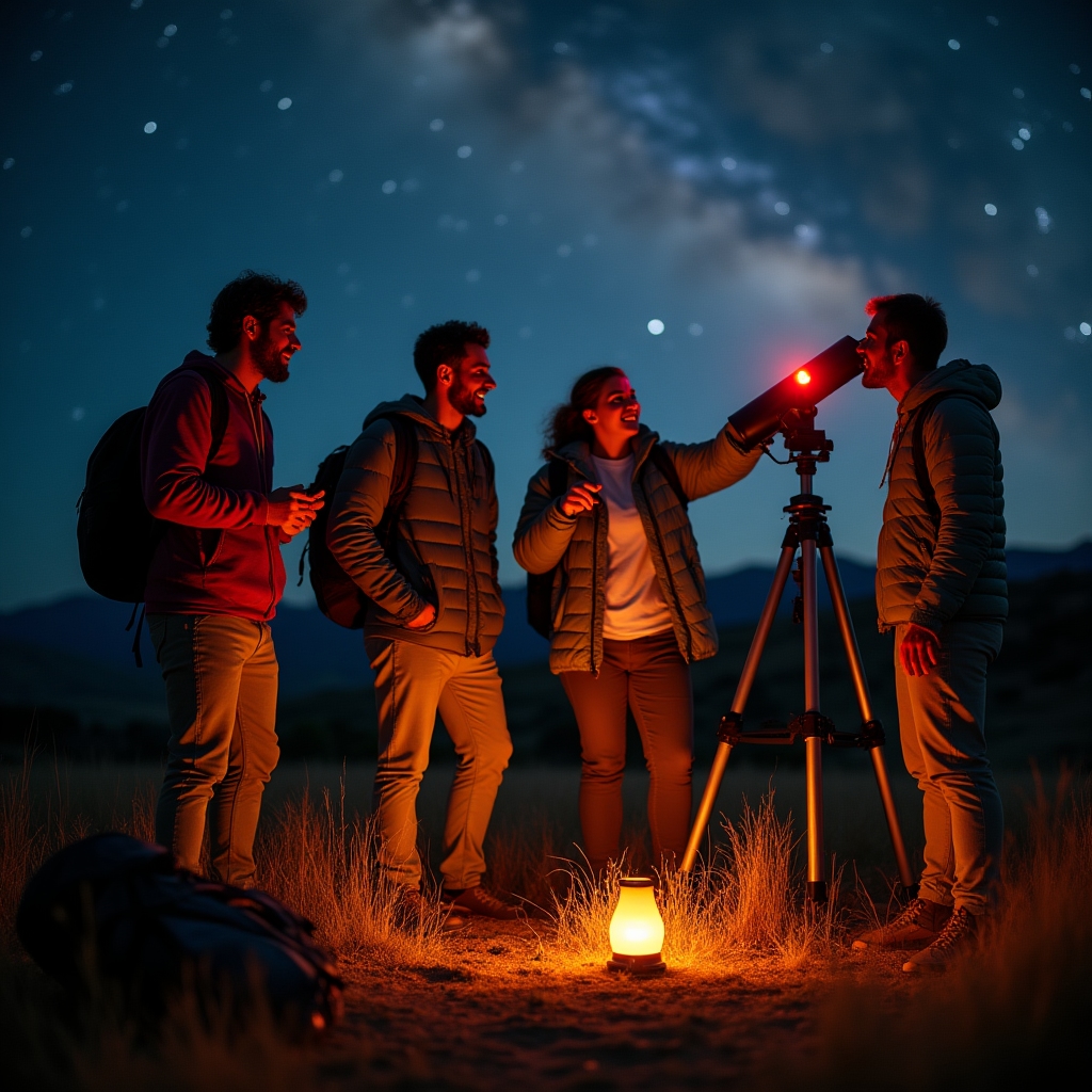 Grupo de personas observando el cielo nocturno en campo abierto
