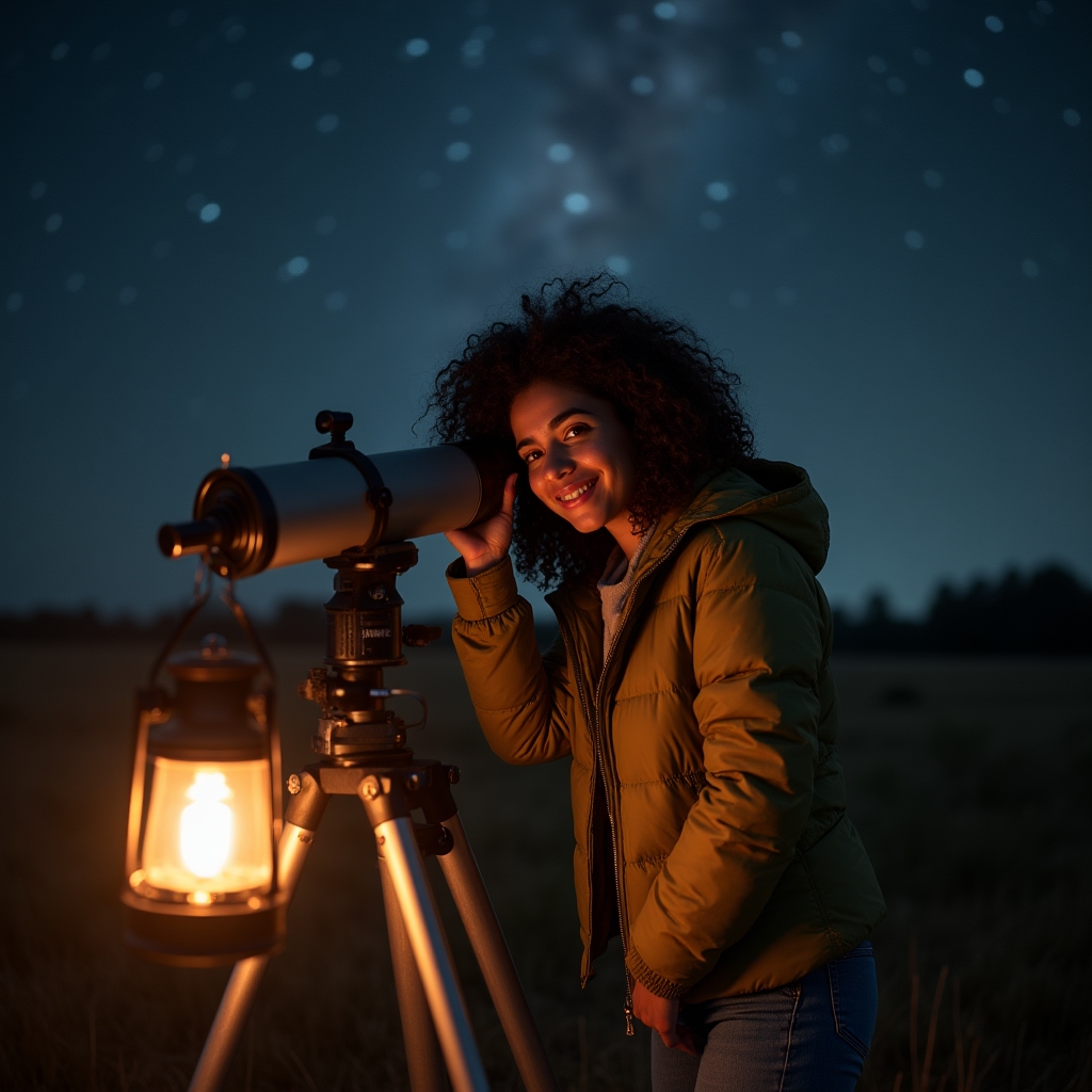 Persona observando el cielo con telescopio en una noche despejada